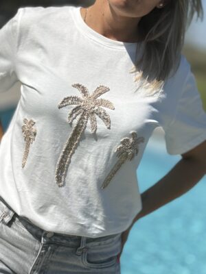 T-shirt blanc palmiers beiges