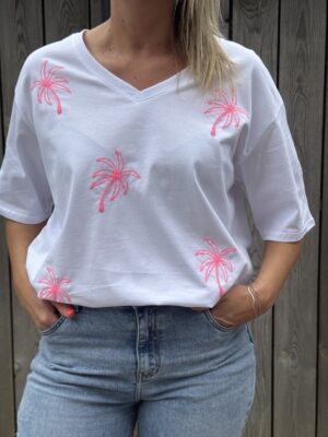 T-shirt blanc palmiers roses fluo